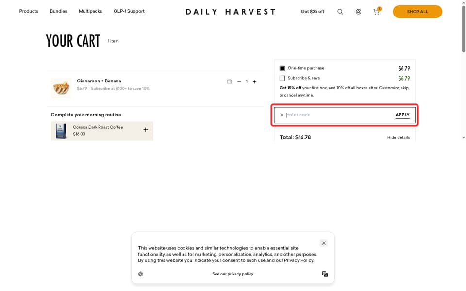 Daily Harvest checkout page showing the Enter code field and Apply button