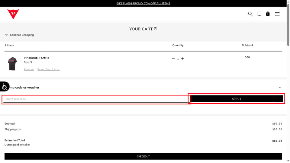 Dainese checkout page showing the Insert your code field and Apply button