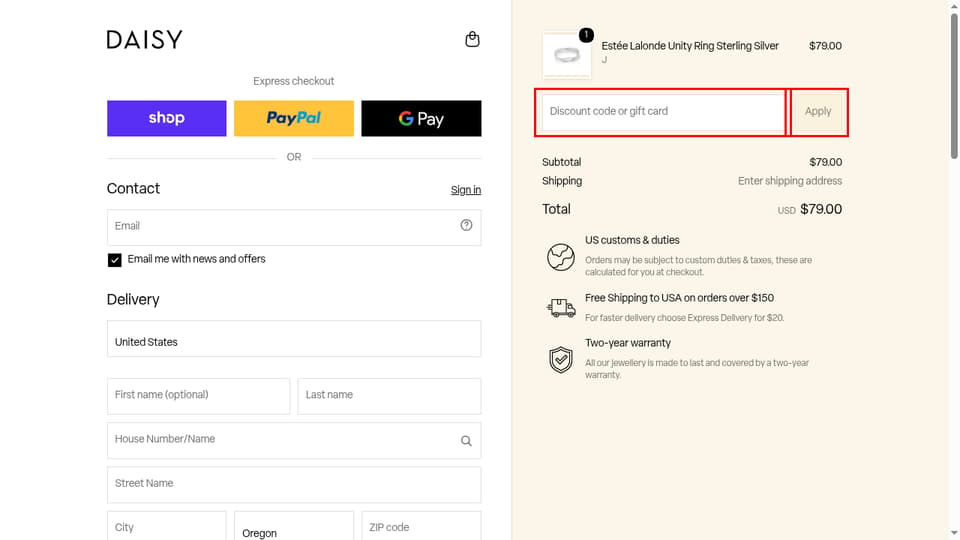 Daisy London checkout page showing the Discount code or gift card field and Apply button