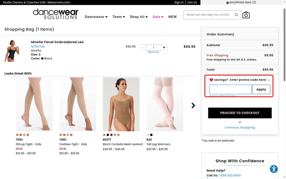 Dancewear Solutions checkout page showing the promo code field and Apply button