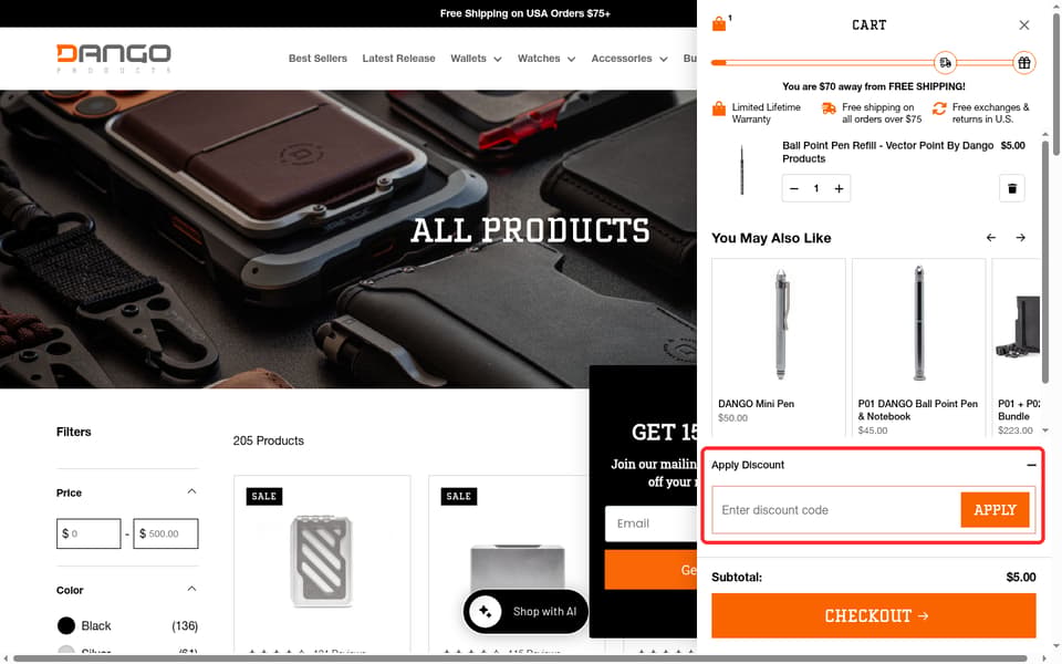Dango Products checkout page showing the Enter discount code field and Apply button