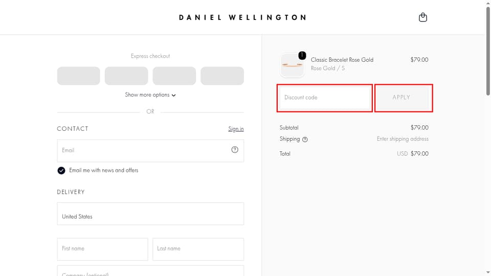 Daniel Wellington checkout page showing the Discount code field and Apply button