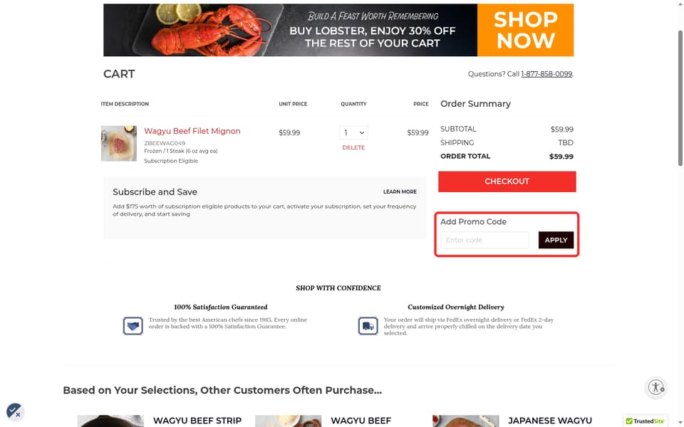 D'Artagnan checkout page showing the Enter code field and Apply button