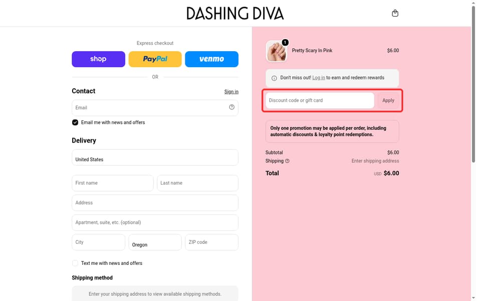Dashing Diva checkout page showing the Discount code or gift card field and Apply button