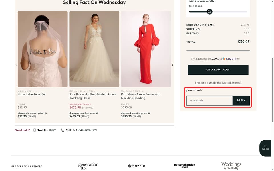 David's Bridal checkout page showing the promo code field and Apply button