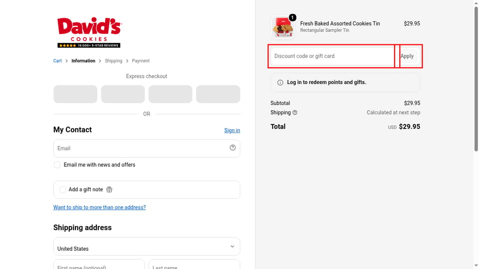 David's Cookies checkout page showing the Discount code or gift card field and Apply button