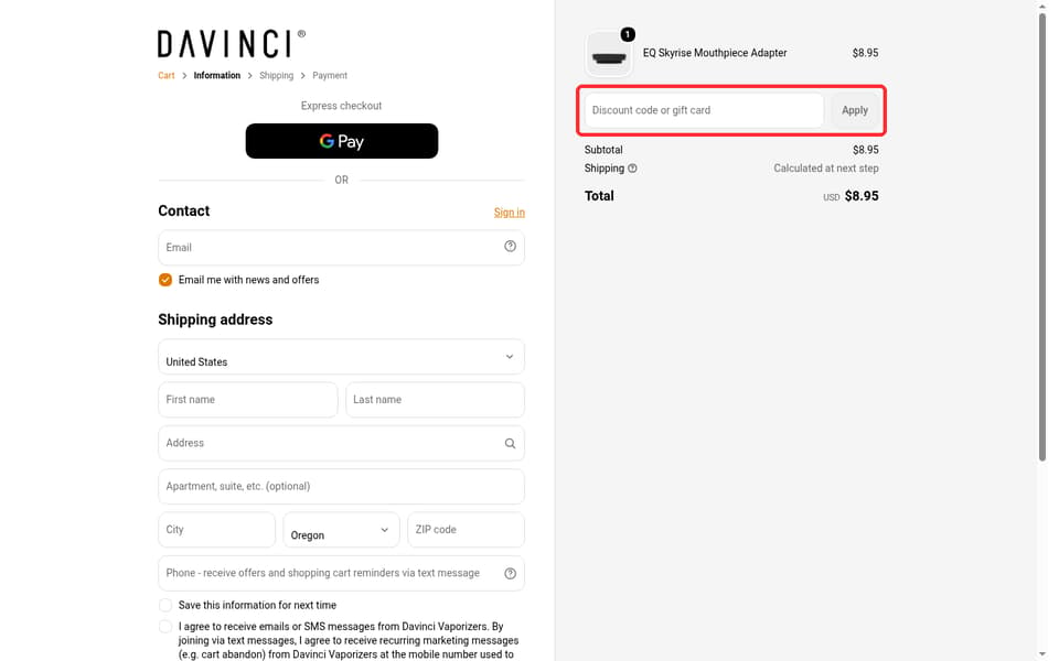 DaVinci Vaporizer checkout page showing the Discount code or gift card field and Apply button
