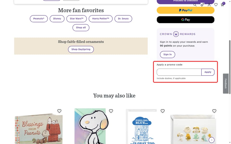 DaySpring checkout page showing the Apply a promo code field and Apply button