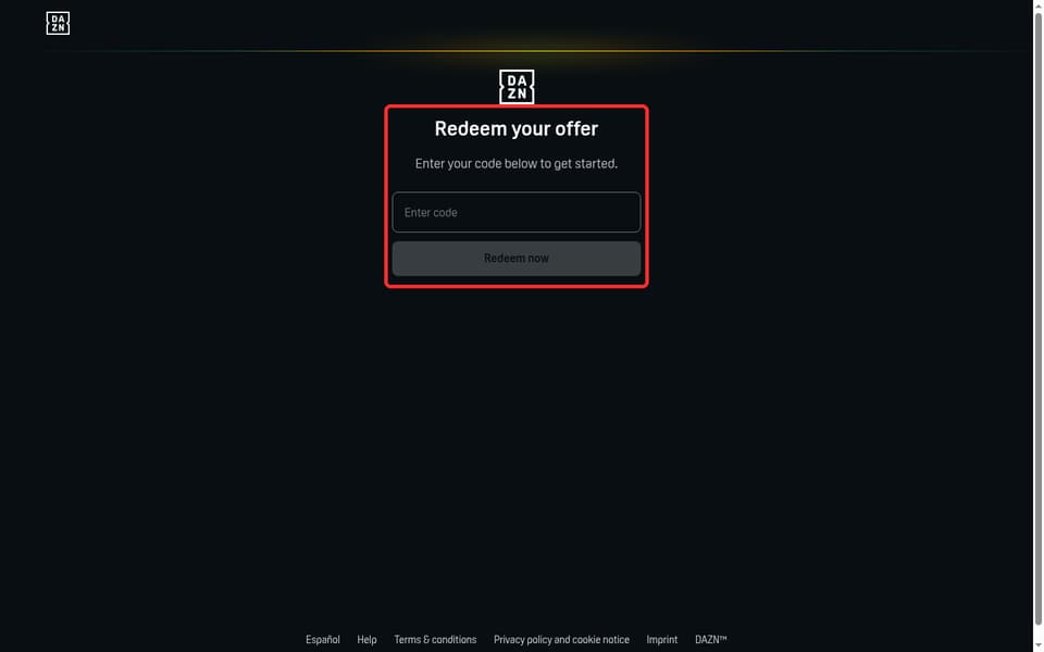 DAZN checkout page showing the Enter code field and Redeem now button