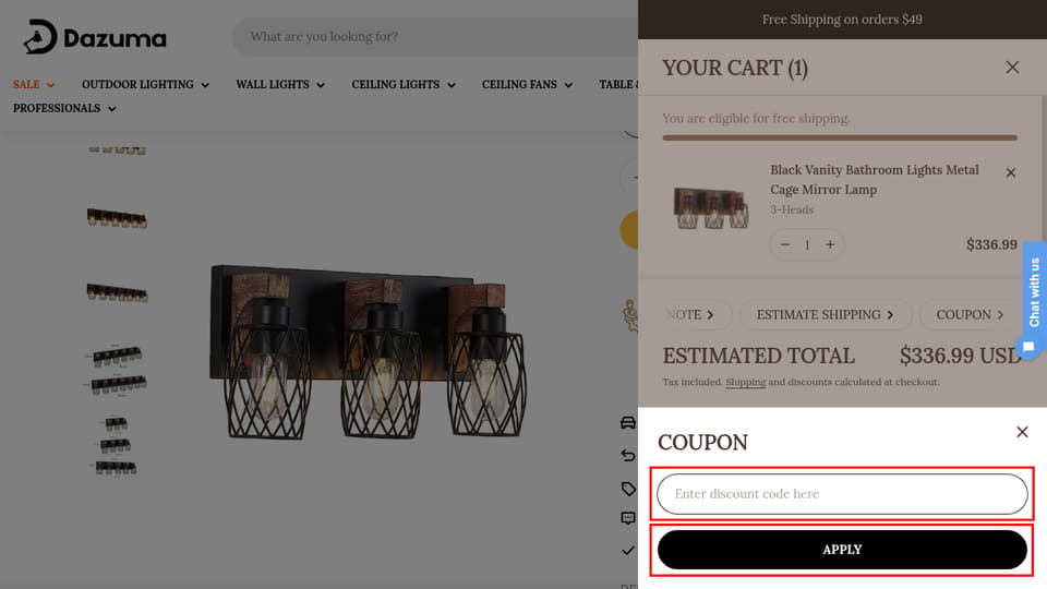 Dazuma checkout page showing the Enter discount code here field and Apply button