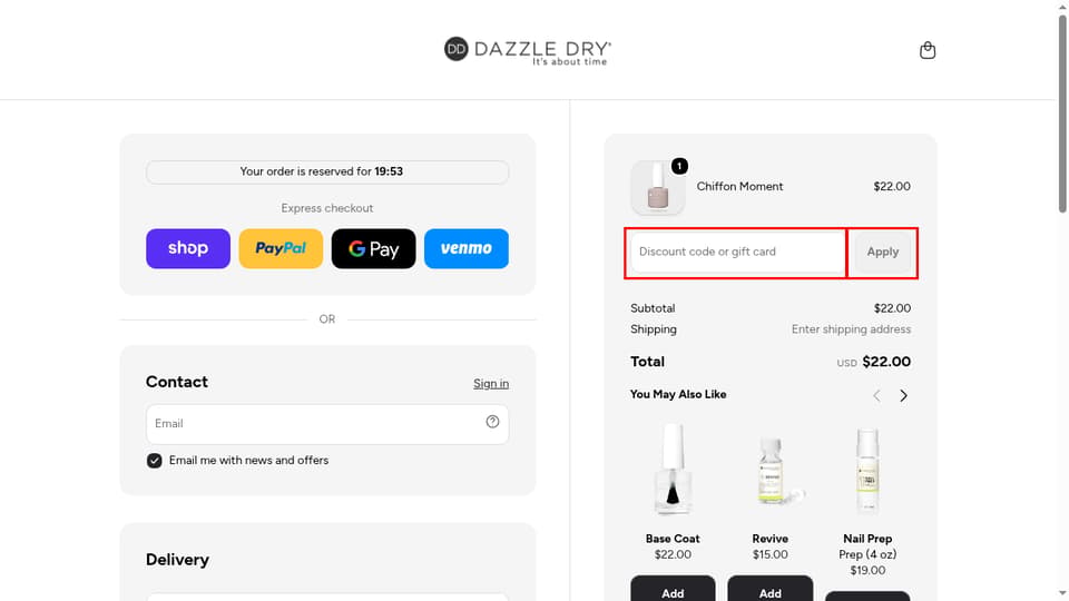 Dazzle Dry checkout page showing the Discount code or gift card field and Apply button
