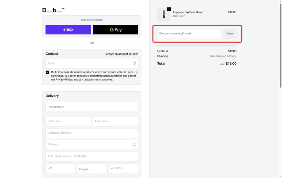 Db checkout page showing the Discount code or gift card field and Apply button