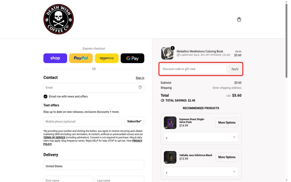 Death Wish Coffee Co. checkout page showing the Discount code or gift card field and Apply button