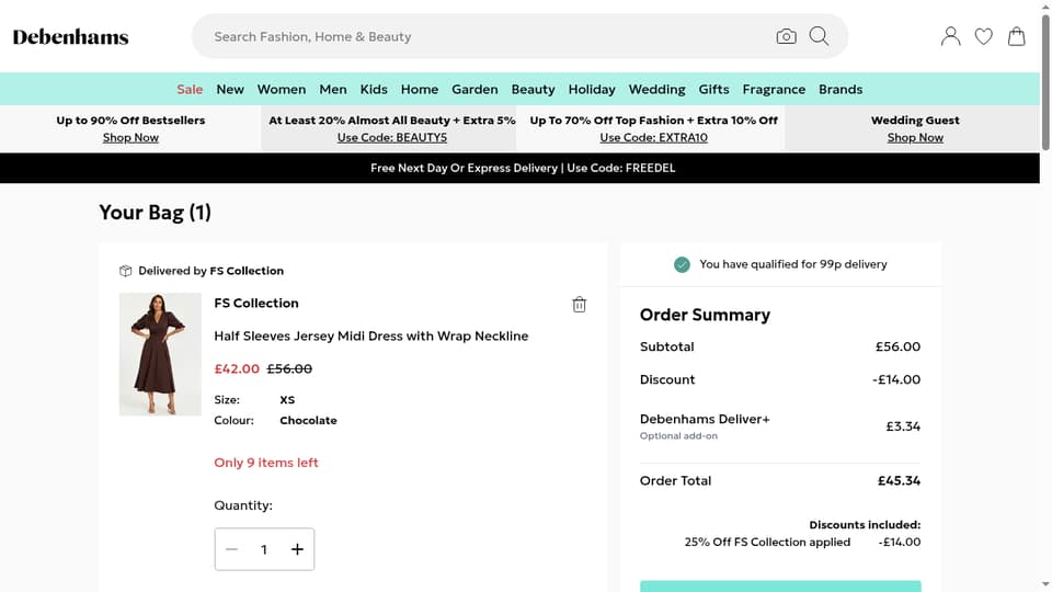 Debenhams checkout page showing the Enter code here... field and Apply button