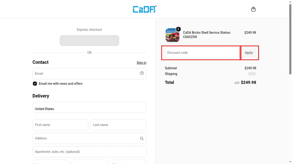 CaDA checkout page showing the Discount code field and Apply button