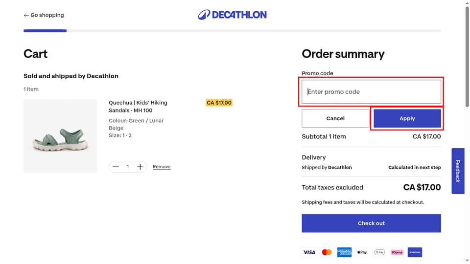 Decathlon Canada checkout page showing the Enter promo code field and Apply button