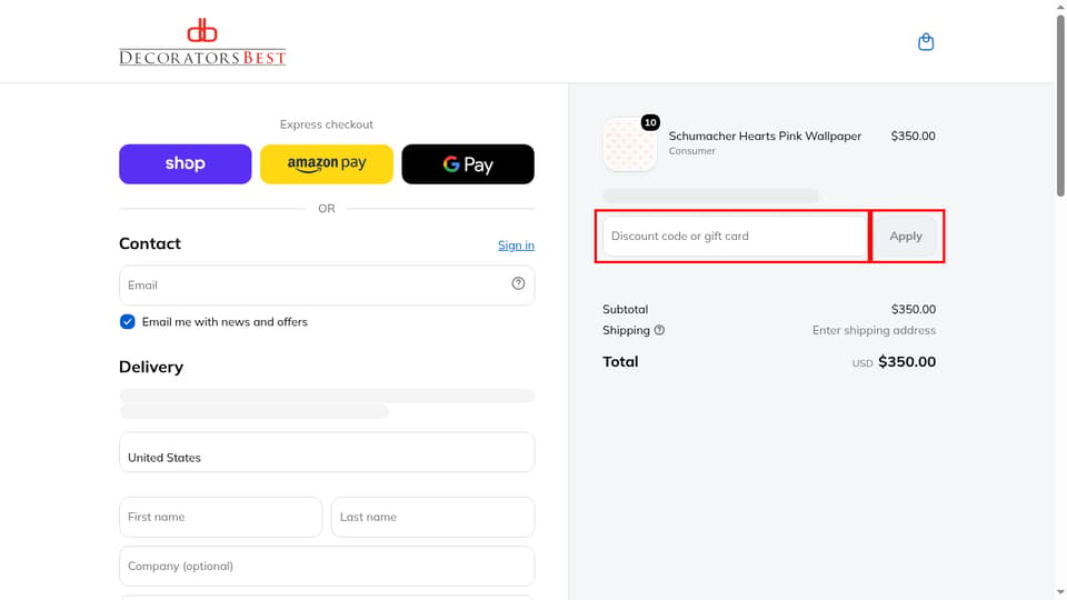 DecoratorsBest checkout page showing the Discount code or gift card field and Apply button