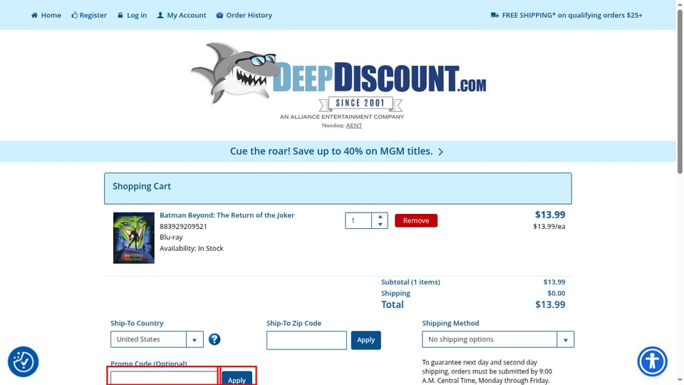 DeepDiscount checkout page showing the Promo Code (Optional) field and Apply button