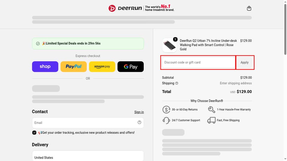 DeerRun checkout page showing the Discount code or gift card field and Apply button