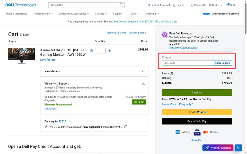 Dell checkout page showing the Enter code field and Apply Coupon button