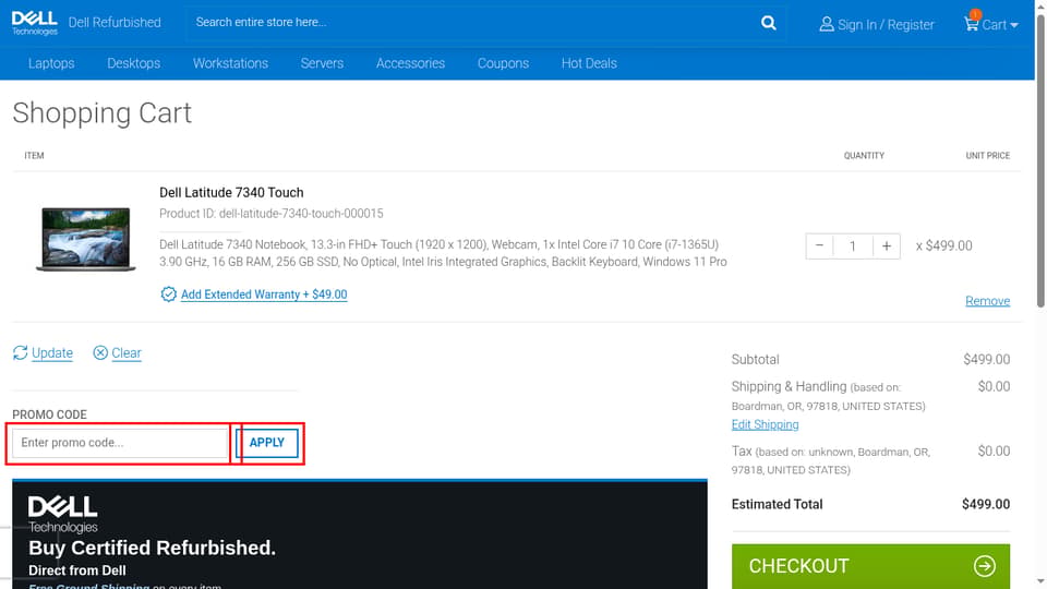 Dell Refurbished checkout page showing the Enter promo code... field and Apply button