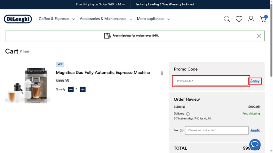 De'Longhi checkout page showing the Promo Code field and Apply button