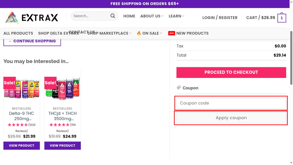 Delta Extrax checkout page showing the Coupon code field and Apply coupon button