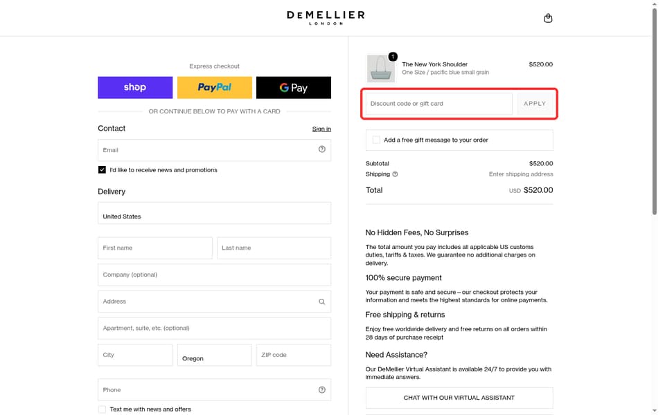 DeMellier checkout page showing the Discount code or gift card field and Apply button