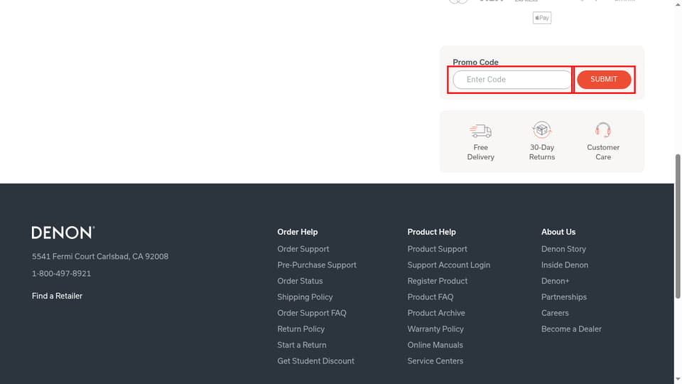 Denon checkout page showing the Enter Code field and Submit button