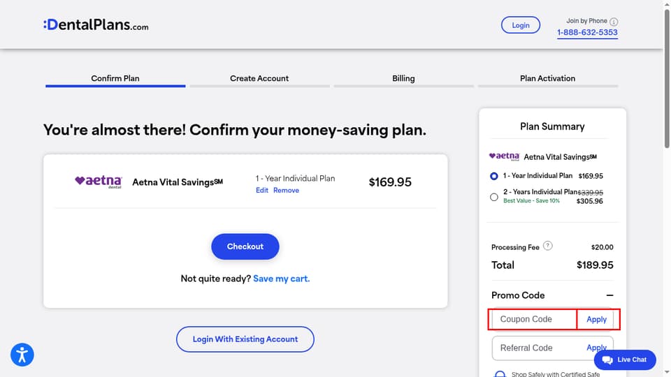 DentalPlans.com checkout page showing the Coupon Code field and Apply button