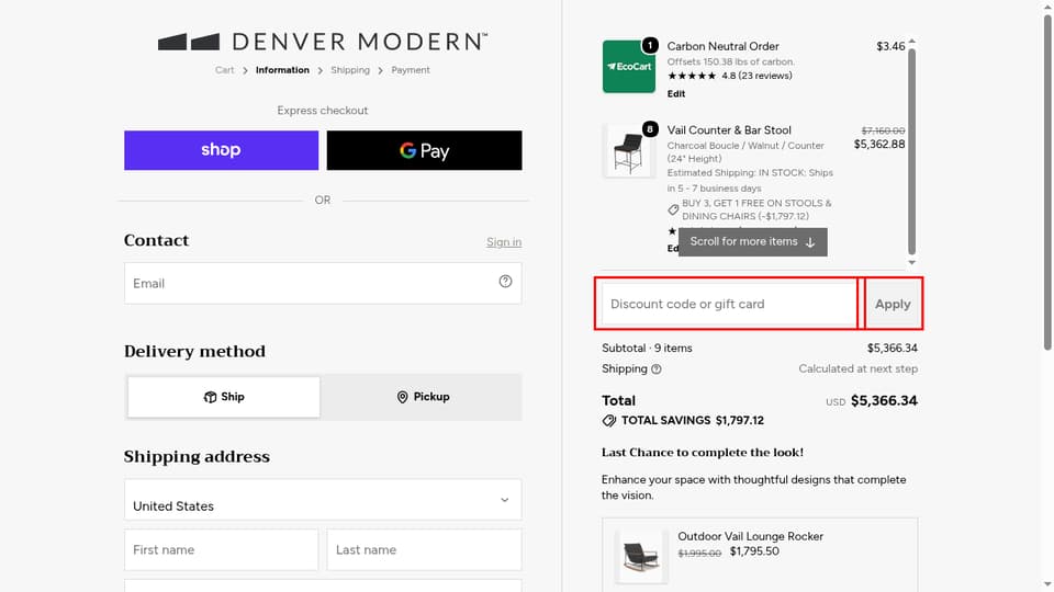 Denver Modern checkout page showing the Discount code or gift card field and Apply button