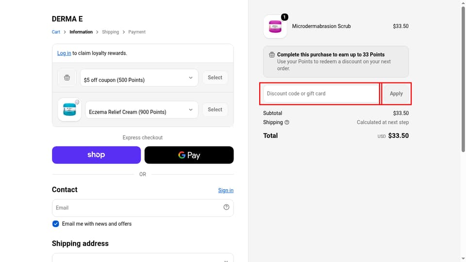 DERMA E checkout page showing the Discount code or gift card field and Apply button