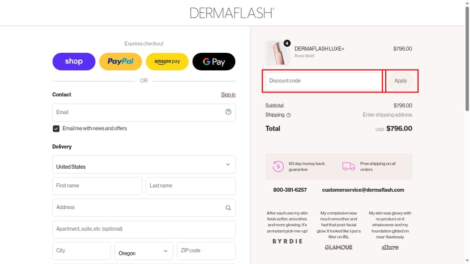 DERMAFLASH checkout page showing the Discount code field and Apply button