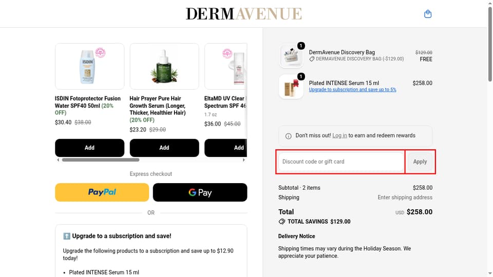 DermAvenue checkout page showing the Discount code or gift card field and Apply button