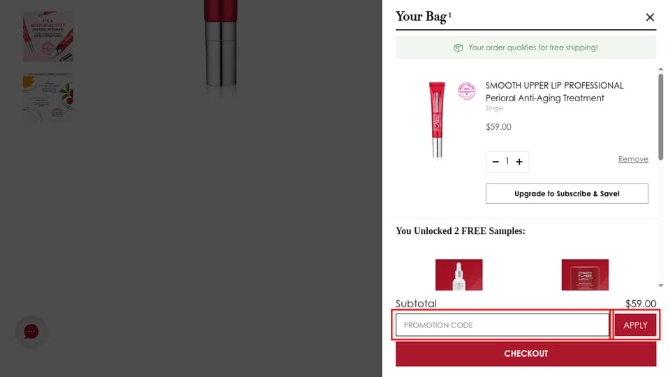 Dermelect checkout page showing the Promotion Code field and APPLY button