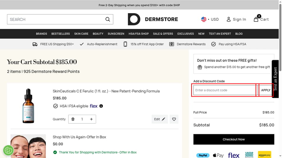 DermStore checkout page showing the Enter a discount code field and APPLY button