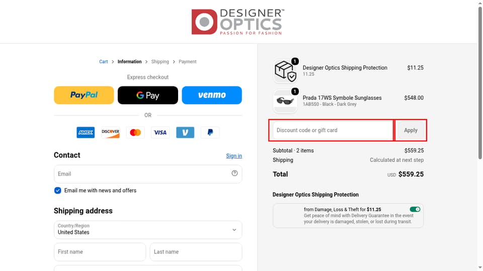 Designer Optics checkout page showing the Discount code or gift card field and Apply button