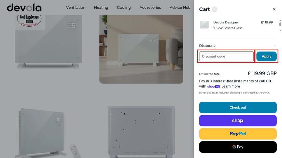Devola checkout page showing the Discount code field and Apply button