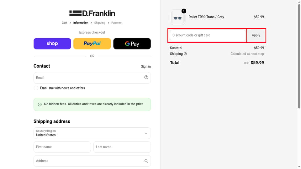 D.Franklin checkout page showing the Discount code or gift card field and Apply button
