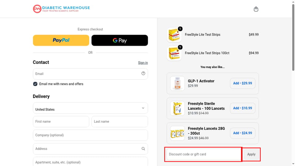 Diabetic Warehouse checkout page showing the Discount code or gift card field and Apply button