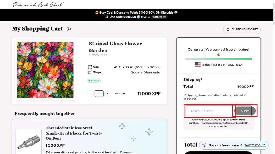 Diamond Art Club checkout page showing the Discount code field and APPLY button