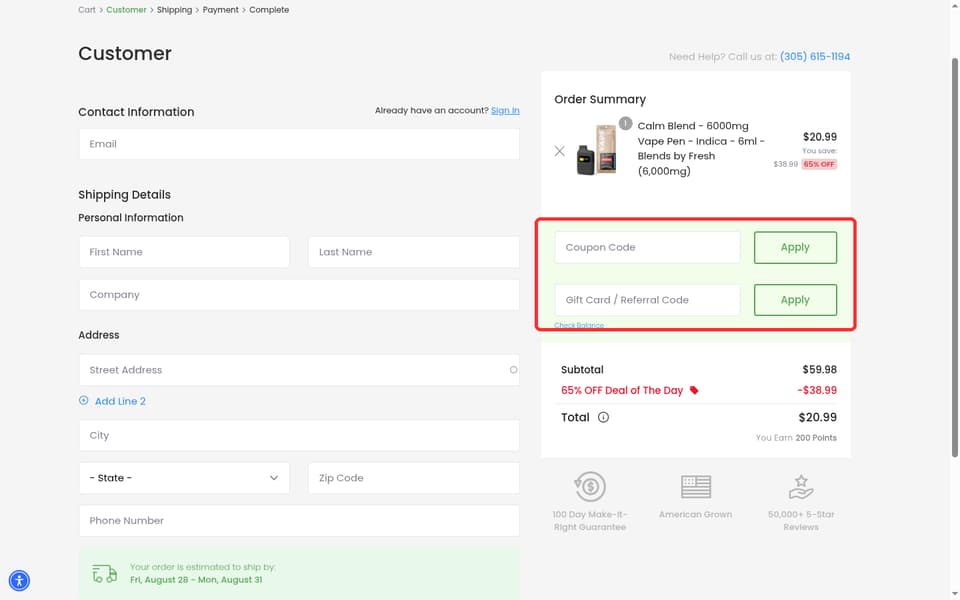 Diamond CBD checkout page showing the Coupon code field and Apply button
