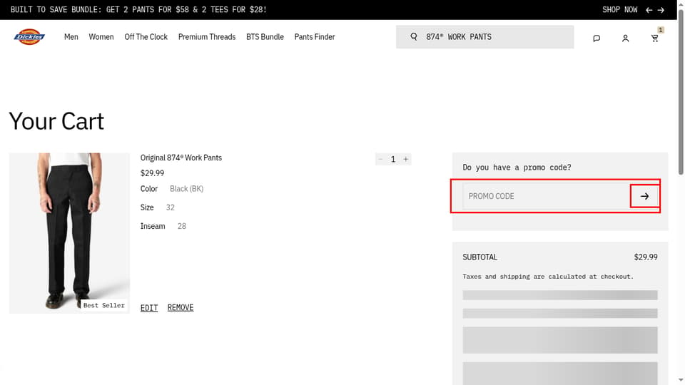 Dickies checkout page showing the PROMO CODE field and Apply button