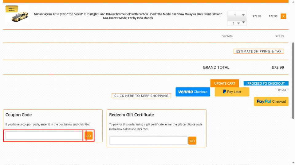 Diecast Models Wholesale checkout page showing the Coupon Code field and Go button