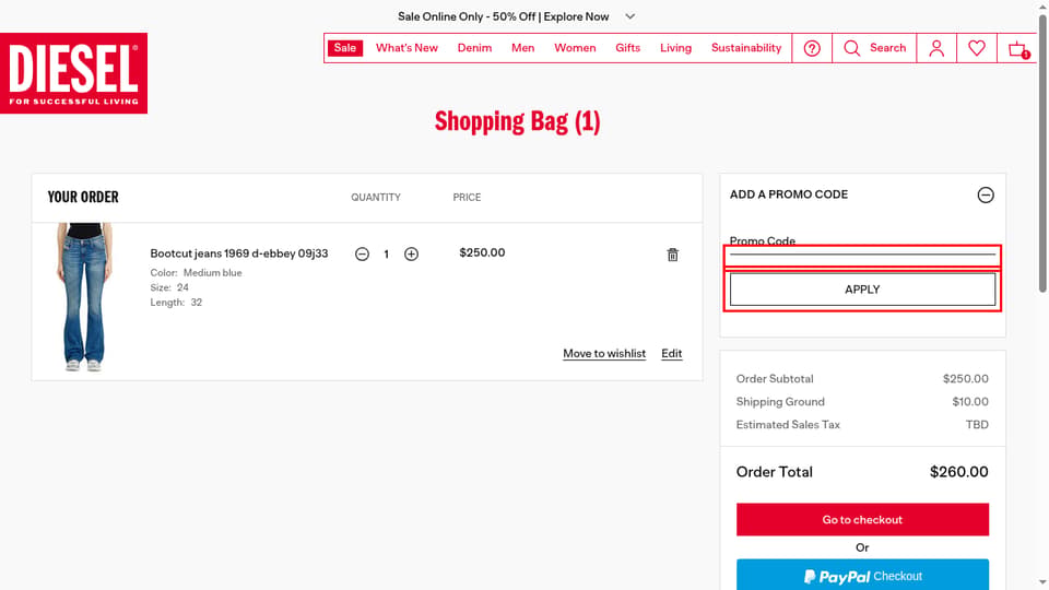 Diesel checkout page showing the Promo Code field and APPLY button