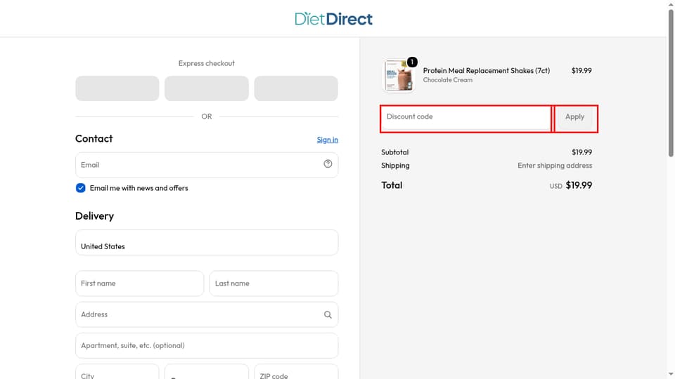 Diet Direct checkout page showing the Discount code field and Apply button
