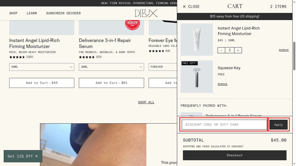 Dieux checkout page showing the Discount Code or Gift Card field and Apply button