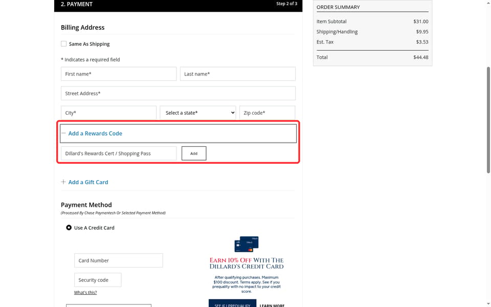 Dillard's checkout page showing the Dillard's Rewards Cert / Shopping Pass field and Add button