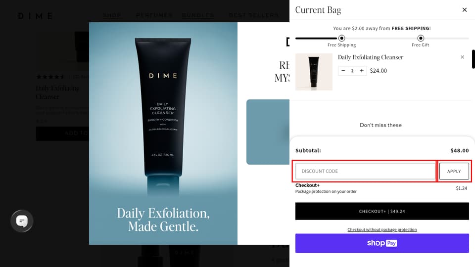 DIME Beauty checkout page showing the Discount Code field and Apply button