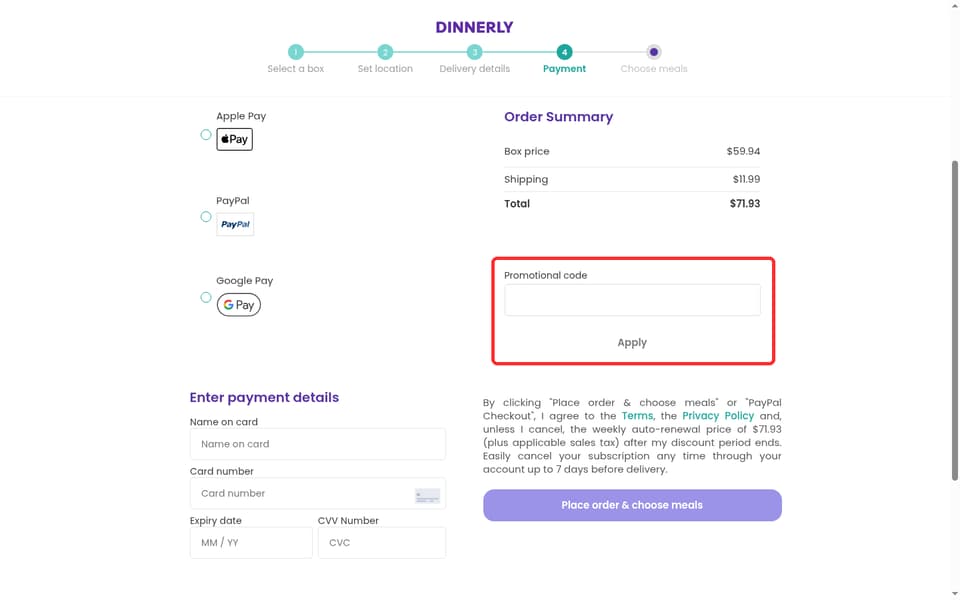 Dinnerly checkout page showing the Promotional code field and Apply button